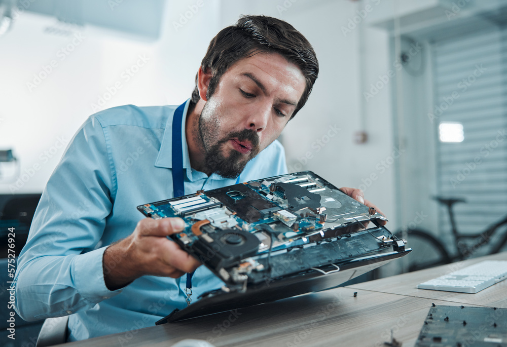 Poster information technology, laptop circuit repair and man blow hardware dust, electronics or semiconduct