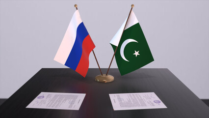 Pakistan and Russia national flag, business meeting or diplomacy deal. Politics agreement 3D illustration