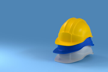 White, Yellow and Blue Hard Safety Helmet Hat for Safety Project of Workman as Engineer or Worker, on Blue Background. 3d Rendering