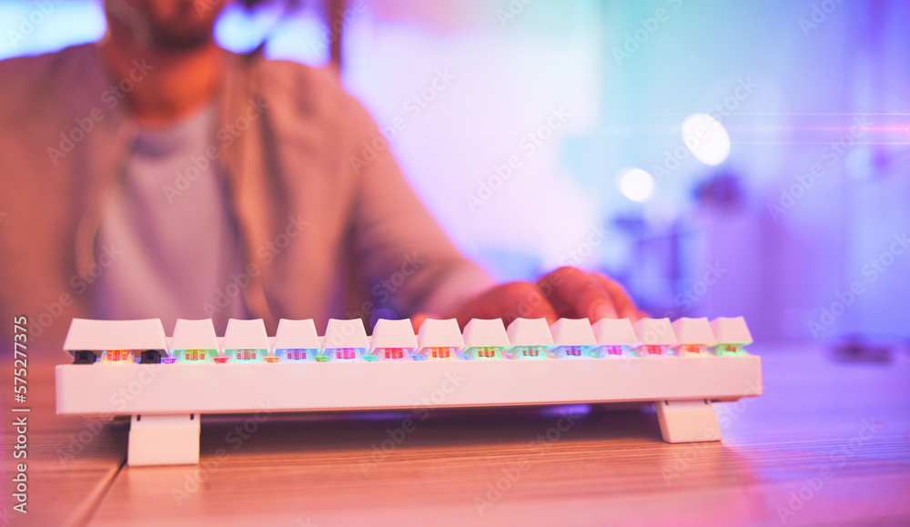 Aufkleber Keyboard, pc gamer and man hands in gaming neon room, futuristic workspace or fast coding software developer. Typing, cyberpunk and online streamer on esports video game for information technology
