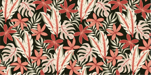 Fashionable seamless tropical pattern with bright plants and flowers on a dark background. Hawaiian style. Colorful stylish floral. Summer colorful hawaiian seamless pattern with tropical plants.