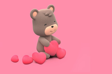 Teddy bear holding a heart. teddy bear isolated on pink background 3D Render.