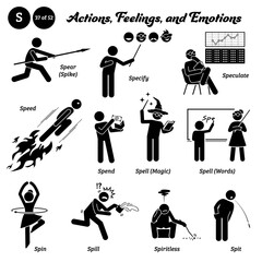 Stick figure human people man action, feelings, and emotions icons alphabet S. Spear, spike, specify, speculate, speed, spend, spell, magic, words, spin, spill, spiritless, and spit...