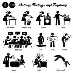 Stick figure human people man action, feelings, and emotions icons alphabet S. Soak, food, cloth, soften, sober, socialize, soil, sold, soothe, solicit, solve, and somersault...