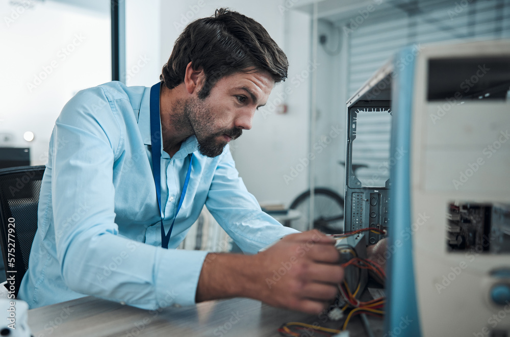 Poster Serious man, it or technician fixing computer, PC or processor in engineering service workshop. Worker, CPU or hardware for repair, maintenance or software upgrade in information technology industry