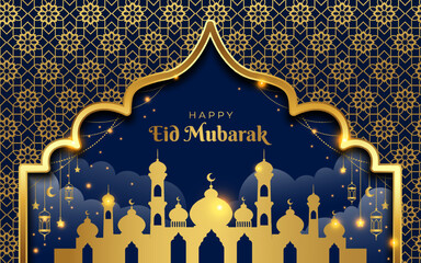 Happy Eid Mubarak Greeting Background with Mosque