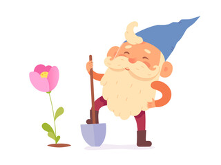 Happy bearded old man standing with shovel near flower vector illustration. Cartoon small fantasy character with beard working in summer farm field or garden, cute dwarf gardening isolated on white