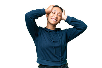 Young Uruguayan woman over isolated chroma key background laughing