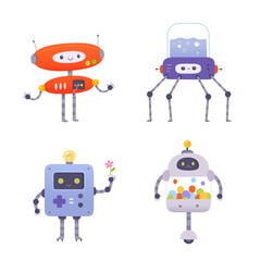 Cute robots set vector illustration. Cartoon childish collection with futuristic funny smart characters, automation machines and digital bot, android on wheels and toy cyborg with robotic arm