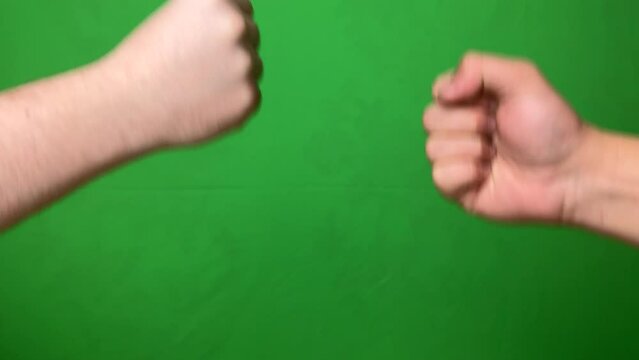 Rock paper scissors playing man hands on chromakey. Clip.