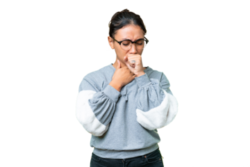 Young Uruguayan woman over isolated chroma key background coughing a lot