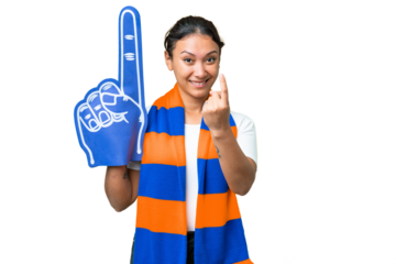 sports fan woman over isolated chroma key background doing coming gesture