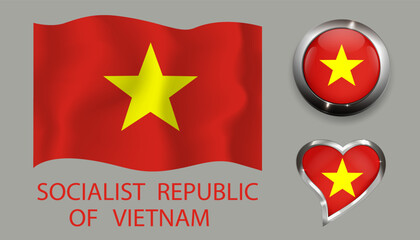 set nation Vietnam flag glossy button heart