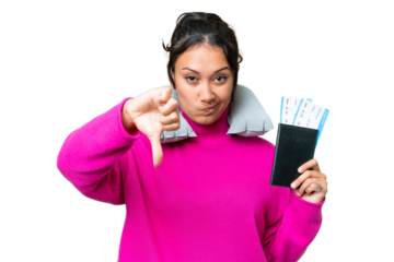 Young Uruguayan woman holding a passport over isolated chroma key background showing thumb down with negative expression