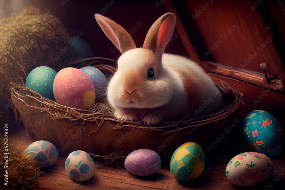 Wall mural Adorable Easter bunny with chocolate eggs in wicker basket, Ai Generative