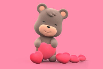 Teddy bear holding a heart. teddy bear isolated on pink background 3D Render.