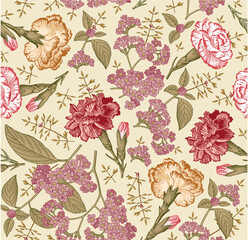 Seamless pattern. Beautiful blooming realistic isolated flowers. Vintage background fabric. Carnation clove Heliotrope wildflowers. Wallpaper baroque. Drawing engraving. Vector victorian illustration 
