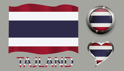 set nation Tajland flag glossy button heart