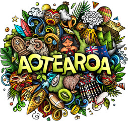 Naklejka premium Aotearoa detailed lettering cartoon illustration
