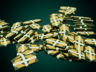 Money banknote bundles and bones piled and stacked on gradient background 3D render illustration