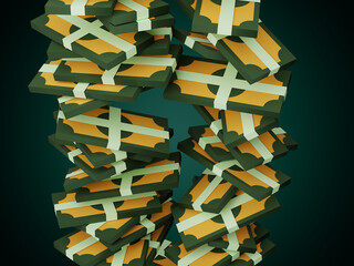 Money banknote bundles and bones piled and stacked on gradient background 3D render illustration