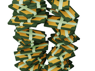 Money banknote bundles and bones piled and stacked on isolated background 3D render illustration