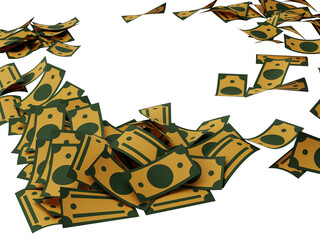 Money banknote bundles and bones piled and stacked on isolated background 3D render illustration