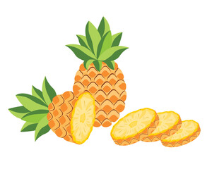 Pineapple fruit, whole and half. Vector illustration cartoon flat icon isolated on white background.