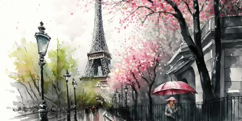 Foto op Canvas Paris in spring. Eiffel tower. Watercolor painting. Generative AI art. © Brokenclouds Art