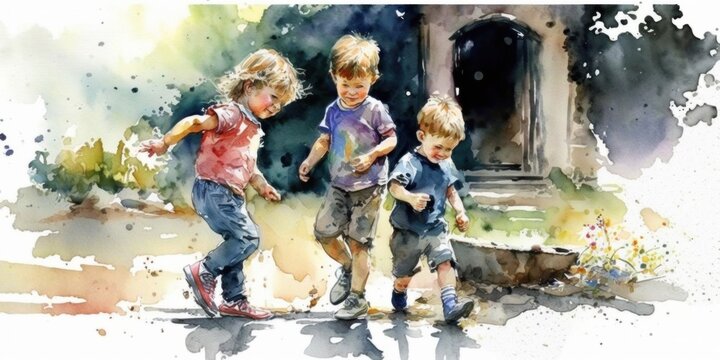 Children playing outdoor. Watercolor painting,
Generative AI art.