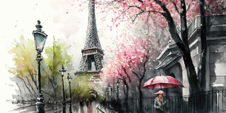 Paris in spring. Eiffel tower. Watercolor painting.
Generative AI art.