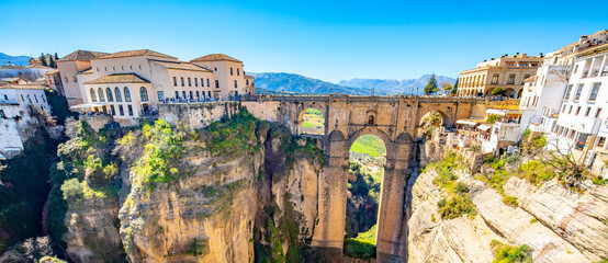 Panoramic view of Puente Nuevo bridge and Ronda town in Andalusia community, Spain