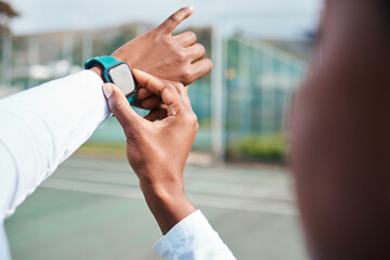Closeup, fitness and black woman with smartwatch with hands, check training progress and exercise. Zoom, African American female or athlete with tracker, workout or timing practice for goal or target