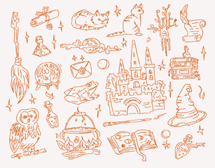 Set of Wichcraft magic objects and animals painted by ink. Hand draw style vector sketch illustration isolated on white background.