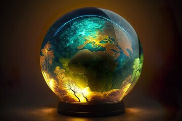  A mystical globe casts a warm glow, revealing an intricate world within, suggestive of life's complexity and wonder, AI generated.