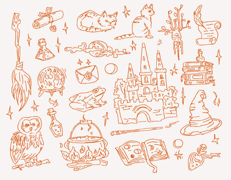 Set of Wichcraft magic objects and animals painted by ink. Hand draw style vector sketch illustration isolated on white background.