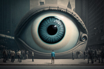 big eye watching people, mass surveillance, big brother made with Generative AI - obrazy, fototapety, plakaty