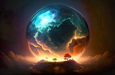 A world enclosed in a sphere. An impossible idea of isolation. AI generated illustration.