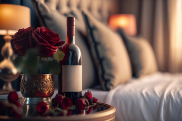 Obraz na płótnie Canvas Champagne in the upscale hotel room. Dating, romance, honeymoon, valentine, getaway, staycation. Generative AI