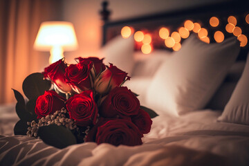 Fototapeta premium Bouquet of red roses on bed in a hotel room. Generative AI