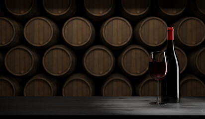 Glass of red wine with bottle on a rustic wooden table, wine barrels in the background, Mixed media, 3d rendering