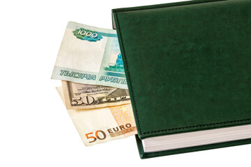 Fototapeta premium Against a light background lies the daily and parts of Russian rubles, dollars and Euro