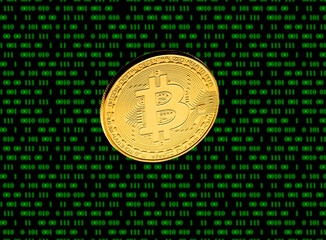 Gold coin of Bitcoin closeup on the background of the matrix