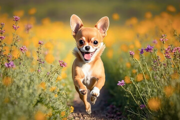 a chihuahua running in a field of colorful flowers, sunny day, illustration - Generative AI