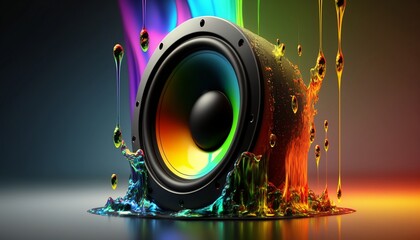 Subwoofer with vibrant cone with droplets all around. Illustration