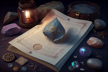 Weird divination by rune cards and stones with ancient manuscript on wooden table. Esoteric, gothic and occult background, Halloween mystic concept. Close up of runes and crystal stone on the