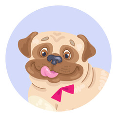 Avatar icon of a funny pug dog. In the violet circle. In cartoon style. Isolated on white background. Vector flat illustration.