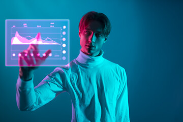 future is here with touchable graphic and holographic screen with man in back try to analyze the...