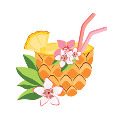 Exotic tropical cocktail in pineapple. Vector cartoon illustration on a white background.