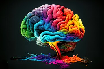 Colorful brain with colorful shadow in black dark background created with Generative AI